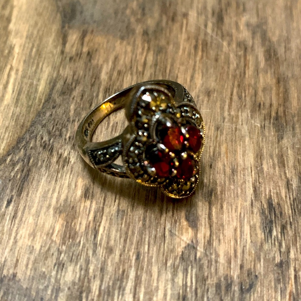 Sterling Silver Victorian Style Ring Statement Piece Red Untested Stones Size 6